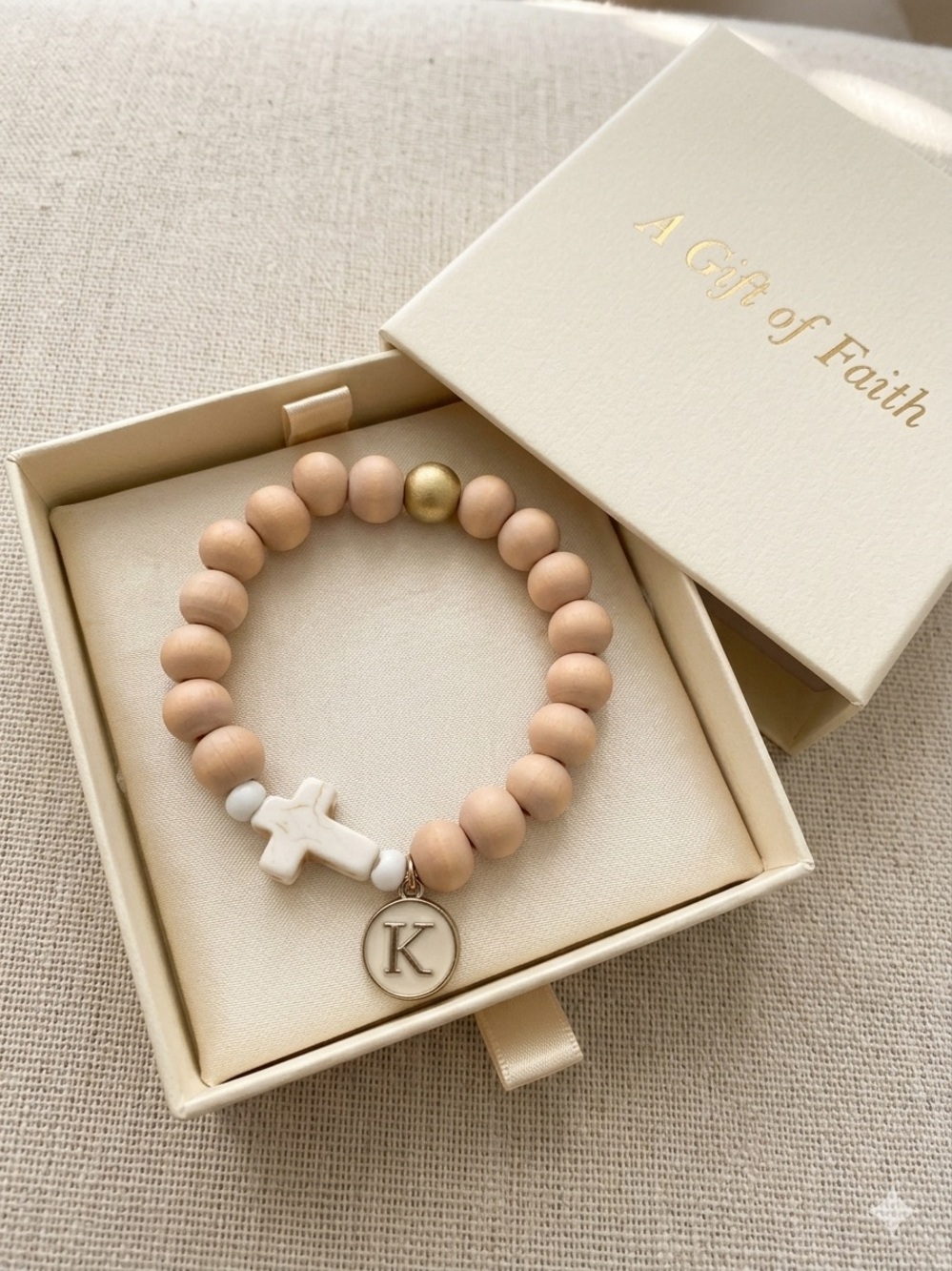 Krissette Martin Designs Kids Unisex Wood Bead Cross Bracelet Custom Initial